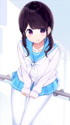 Rule 34 | 1girl, :p, absurdres, against railing, blue sailor collar, blue skirt, brown hair, chikuwa., closed mouth, collarbone, commentary request, highres, long hair, long sleeves, looking at viewer, neckerchief, original, pantyhose, pleated skirt, purple eyes, railing, sailor collar, school uniform, serafuku, sidelocks, skirt, sleeves past wrists, smile, solo, sweater, tongue, tongue out, white neckerchief, white pantyhose, white sweater