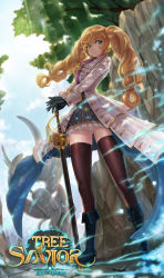 Rule 34 | 1girl, ascot, black gloves, blonde hair, blue sky, braid, cloud, cloudy sky, coat, day, dress, fencer, fencer (tree of savior), frilled skirt, frills, from below, gloves, green eyes, long hair, long sleeves, long twintails, looking at viewer, mhg (hellma), rapier, scabbard, sheath, sheathed, shirt, skirt, sky, solo, statue, sword, thighhighs, tree, tree of savior, twin braids, twintails, weapon, zettai ryouiki