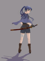 Rule 34 | 1girl, artist name, artist request, bare legs, black gloves, black shirt, blue hair, blush, boots, breasts, brown eyes, brown footwear, cape, detached legs, female focus, fingerless gloves, from behind, full body, gloves, grey background, grey pants, hair between eyes, highres, holding, holding sword, holding weapon, hood, hooded cape, katana, long hair, looking at viewer, looking back, love live!, love live! school idol project, pants, parted lips, shirt, smile, solo, sonoda umi, standing, sword, weapon, yellow eyes