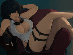 Rule 34 | 1girl, arm behind head, armchair, averting eyes, black gloves, black hair, black shorts, breasts, chair, covered erect nipples, crossed legs, devil may cry, devil may cry (series), devil may cry 3, feet out of frame, fingerless gloves, gloves, goggles, goggles around neck, green eyes, gun, handgun, heterochromia, highres, holding, holding gun, holding weapon, lady (devil may cry), large breasts, no bra, reclining, red eyes, scar, scar on face, scar on nose, shirt, short hair, short shorts, shorts, skindentation, sleeveless, sleeveless shirt, solo, thigh strap, trigger discipline, unbuttoned, unbuttoned shirt, weapon, weapon request, ynon amai