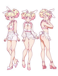 Rule 34 | 1girl, :o, animal ears, apron, back bow, belt, blonde hair, blush, bomhat, bottomless, bow, bra, choker, closed mouth, commentary, criss-cross halter, crop top, curly hair, english commentary, eyelashes, fake animal ears, flower-shaped pupils, frilled choker, frills, full body, hair bow, hairband, halterneck, head tilt, heart pendant, high-waist shorts, high heels, highres, long sleeves, looking ahead, looking at viewer, midriff, miniskirt, multiple views, nail polish, no bra, original, own hands together, pencil skirt, pink footwear, pink nails, pink theme, pom pom footwear, puffy long sleeves, puffy sleeves, rabbit ears, red bow, red eyes, see-through, see-through sleeves, short hair, short shorts, shorts, shrug (clothing), simple background, skirt, sleeveless, standing, standing on one leg, symbol-shaped pupils, toenail polish, toenails, twintails, underwear, waist apron, white apron, white background, white bra, white shorts, white skirt