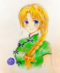 Rule 34 | 1girl, alternate hairstyle, artist logo, braid, chinese clothes, closed mouth, colored pencil (medium), commentary, cropped torso, green eyes, green shirt, hair over shoulder, high collar, hong meiling, looking at viewer, orange hair, parted bangs, q-bee (aaru), shirt, short sleeves, single braid, smile, solo, texture, touhou, traditional media, upper body