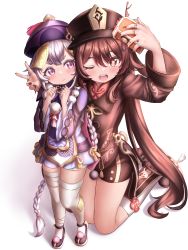 Rule 34 | ;d, absurdres, ahoge, bead necklace, beads, black footwear, black shorts, blush, brown hair, camera, chinese clothes, coin hair ornament, commentary, flower, full body, genshin impact, hair between eyes, hair ornament, hat, hat flower, hat ornament, height difference, highres, holding, holding camera, hu tao (genshin impact), jewelry, kneehighs, kneeling, kuma piv, long sleeves, looking at another, looking away, low ponytail, necklace, ofuda, one eye closed, open mouth, orange eyes, purple shorts, qingdai guanmao, qiqi (genshin impact), ring, selfie, short shorts, shorts, sidelocks, simple background, smile, socks, sweatdrop, symbol-only commentary, symbol-shaped pupils, thighhighs, twintails, v, white background, white legwear, zettai ryouiki