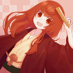Rule 34 | 1girl, :d, ahoge, buratei marii, commentary, folded fan, folding fan, hand fan, hand up, haori, highres, holding, holding fan, jacket, japanese clothes, joshiraku, kimono, long hair, long sleeves, looking at viewer, open mouth, red eyes, red hair, red jacket, sash, smile, solo, upper body, wide sleeves, wishida, yellow kimono