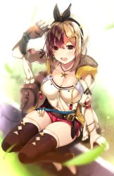 Rule 34 | 1girl, akahito, atelier (series), atelier ryza, atelier ryza 1, bag, belt, breasts, brown eyes, brown gloves, brown hair, brown thighhighs, cleavage, commentary request, gloves, hair ornament, hairclip, hat, highres, jewelry, large breasts, looking at viewer, necklace, open mouth, red shorts, reisalin stout, short hair, short shorts, shorts, single glove, sitting, solo, star (symbol), star necklace, teeth, test tube, thighhighs, thighs, upper teeth only, white hat