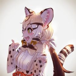 Rule 34 | 10s, 1girl, animal ear fluff, animal ears, belt, blonde hair, blush, bow, bowtie, brown hair, cat ears, cat tail, commentary request, fang, geoffroy&#039;s cat (kemono friends), hair bow, kemono friends, long hair, long sleeves, multicolored hair, open mouth, profile, skirt, sleeves past wrists, solo, suspender skirt, suspenders, tail, takami masahiro, twintails, upper body, yellow eyes