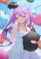 Rule 34 | 1girl, :d, absurdres, balloon, bare shoulders, bibi (tokoyami towa), blush, closed eyes, confetti, demon wings, dress, ear piercing, facing viewer, hair between eyes, hair ornament, hairclip, halo, halterneck, hand up, heart balloon, highres, holding, holding stuffed toy, hololive, jmao, long hair, off-shoulder dress, off shoulder, open mouth, piercing, purple hair, smile, solo, stuffed animal, stuffed toy, tokoyami towa, virtual youtuber, white dress, wings