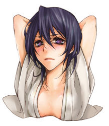 Rule 34 | 1girl, arms behind back, arms up, black hair, bleach, blush, breasts, cleavage, collarbone, cropped torso, grey kimono, hair between eyes, japanese clothes, kimono, kuchiki rukia, looking at viewer, mokichi0804, open clothes, open kimono, purple eyes, short hair, simple background, small breasts, solo, upper body, white background