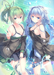 Rule 34 | 2girls, absurdres, blue eyes, blue hair, blush, breasts, brown robe, cleavage, closed mouth, collarbone, duel monster, eria the water charmer, green eyes, green hair, green ribbon, highres, hooded robe, kanzakietc, long hair, medium breasts, medium hair, medium skirt, multiple girls, open mouth, ponytail, ribbon, robe, skirt, staff, v, wynn the wind charmer, yu-gi-oh!, yu-gi-oh! duel monsters