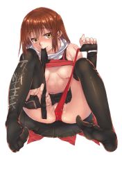 Rule 34 | 10s, 1girl, black gloves, black thighhighs, blush, breasts, brown hair, feet, gloves, highres, kantai collection, katase minami, looking at viewer, medium breasts, nipples, no shoes, pussy juice, sendai (kancolle), simple background, skirt, solo, thighhighs, toes, white background, yellow eyes
