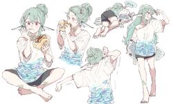 1girl barefoot black_shorts burger crossed_legs finana_ryugu fish_girl full_body green_hair hair_bun highres kyouno monster_girl multiple_views nijisanji nijisanji_en shirt shorts sitting sleeping t-shirt virtual_youtuber