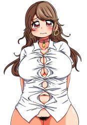 Rule 34 | 1girl, arms behind back, blush, bottomless, breasts, brown eyes, brown hair, bursting breasts, choker, cleavage, collarbone, earrings, female focus, female pubic hair, hakuto, highres, jewelry, large breasts, long hair, looking at viewer, navel, no bra, original, plump, pubic hair, pussy, shirt, simple background, solo, standing, straining buttons, thick thighs, thighs, uncensored, white background, wide hips