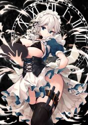 Rule 34 | 1girl, :o, bikini, black background, black bikini, black thighhighs, blue eyes, braid, breasts, commentary request, corset, dress, feet out of frame, from below, grey hair, hair between eyes, highres, hira-san, izayoi sakuya, large breasts, long hair, looking at viewer, open clothes, open dress, outer glow, puffy short sleeves, puffy sleeves, short sleeves, simple background, solo, swimsuit, thighhighs, thighs, touhou, twin braids