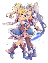 Rule 34 | 2girls, apple, bad id, bad pixiv id, bare shoulders, blonde hair, blue eyes, blue hair, boots, bow, food, fruit, fur trim, hair ornament, idunn &amp; idunna, multiple girls, ponytail, puzzle &amp; dragons, thighhighs, twintails, zivrill