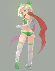Rule 34 | 1girl, ass, blonde hair, butt crack, elbow gloves, flat chest, from behind, gloves, kneepits, legs, looking back, lowleg, original, red eyes, red scarf, scarf, short hair, simple background, solo, strapless, thighhighs, tube top, weno, weno&#039;s blonde original character, white thighhighs
