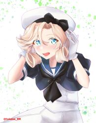 Rule 34 | 1girl, blonde hair, blue eyes, blue sailor collar, commentary request, dress, gloves, hat, highres, janus (kancolle), kantai collection, looking at viewer, one-hour drawing challenge, open mouth, parted bangs, sailor collar, sailor dress, sailor hat, short hair, short sleeves, solo, tsukasa (tukasa br), twitter username, white background, white dress, white gloves, white hat