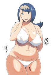 Rule 34 | 1girl, arm behind back, bikini, blue eyes, blue hair, breasts, collarbone, covered erect nipples, creatures (company), erect sawaru, freckles, game freak, hair ornament, hand on own face, lana&#039;s mother (pokemon), large breasts, looking at viewer, mature female, mature female, navel, nintendo, open mouth, plump, pokemon, pokemon (anime), pokemon sm (anime), signature, smile, solo, sweat, swimsuit, white background, white bikini