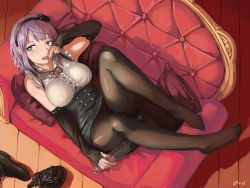 Rule 34 | 10s, 1girl, :o, armpits, bare shoulders, black flower, black footwear, black pantyhose, black rose, black skirt, blouse, blue eyes, blush, breasts, buttons, center frills, collarbone, couch, covered erect nipples, dagashi kashi, detached sleeves, feet, flower, frills, full body, hair flower, hair ornament, hairband, high-waist skirt, highres, holding, jonathan h, knees up, large breasts, long sleeves, lying, meme attire, nail polish, no shoes, on back, on couch, open mouth, panties, panties under pantyhose, pantyhose, pillow, pink hair, purple hair, red nails, rose, shidare hotaru, shirt, shoes, unworn shoes, short hair, skirt, sleeveless, sleeveless shirt, solo, thighband pantyhose, toenail polish, toenails, tsurime, underwear, virgin killer outfit, white shirt