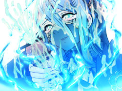Rule 34 | 1girl, azura (fire emblem), bar censor, blue hair, blush, censored, cum, cum on clothes, cum on fingers, cum on hair, ejaculation, energy, facial, fingerless gloves, fingernails, fire emblem, fire emblem fates, gloved handjob, gloves, hair between eyes, handjob, hetero, looking at viewer, magic, nintendo, open mouth, out of frame, parted lips, penis, saijou satoru, see-through, simple background, smile, solo focus, veil, water, white background, yellow eyes