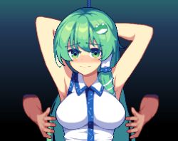 Rule 34 | 1boy, 1girl, animated, animated gif, armpits, arms behind head, arms up, black background, blush, bound, bound wrists, grabbing another&#039;s breast, breasts, breasts squeezed together, collared shirt, commentary request, frog, frog hair ornament, furumero, grabbing, gradient background, green eyes, green hair, hair ornament, hair tubes, japanese clothes, kochiya sanae, large breasts, long hair, looking at viewer, nontraditional miko, pixel art, rape, restrained, rope, shirt, sleeveless, sleeveless shirt, snake, snake hair ornament, touhou, upper body, white shirt