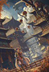 Rule 34 | 1girl, aircraft, airship, architecture, banner, bare shoulders, bespin, blue sky, bow, brown thighhighs, capelet, city, cloud, detached sleeves, dutch angle, east asian architecture, fall, fantasy, fence, hand fan, hat, highres, lantern, open mouth, orange eyes, original, pink hair, scenery, shirt, skirt, skirt set, sky, solo, thighhighs, twintails, zettai ryouiki