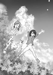 Rule 34 | 10s, 2girls, arm up, arms up, bush, clenched hands, dog, girls und panzer, goripan, greyscale, highres, jumping, leaf, leg up, monochrome, multiple girls, navel, nishizumi maho, nishizumi miho, open hand, open mouth, pants, raised fist, shiba inu, shoes, short sleeves, shorts, siblings, sisters, smile, sneakers, tank top, tree, aged down