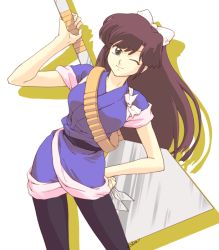 Rule 34 | 1girl, artist request, bandolier, bow, breasts, brown hair, green eyes, japanese clothes, kimono, kuonji ukyou, long hair, looking at viewer, one eye closed, pantyhose, ranma 1/2, smile, spatula, very long hair, wink