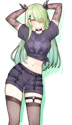 Rule 34 | 1girl, antler ribbon, antlers, arms up, black bow, black choker, black ribbon, black shirt, black sleeves, blush, bow, bra strap, branch, breasts, ceres fauna, choker, covered navel, eyes visible through hair, fishnet thighhighs, fishnets, gradient hair, green hair, grey hair, hair bow, hair ornament, hair over shoulder, hairclip, heart o-ring, highres, hololive, hololive english, horns, lace-trimmed sleeves, lace sleeves, lace trim, large breasts, long hair, long shirt, looking at viewer, ma draws, mole, mole under eye, multicolored hair, o-ring, o-ring thigh strap, ribbon, shirt, shorts, simple background, smile, solo focus, thigh strap, thighhighs, tied shirt, tree horns, virtual youtuber, white background
