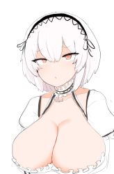 Rule 34 | 1girl, azur lane, blush, breasts, choker, cleavage, collarbone, dress, hair between eyes, highres, large breasts, open mouth, puffy sleeves, red eyes, shiming liangjing, short hair, simple background, sirius (azur lane), solo, upper body, white background, white dress, white hair