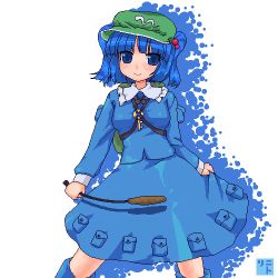 Rule 34 | 1girl, blue eyes, blue hair, cattail, female focus, hair bobbles, hair ornament, hat, kawashiro nitori, key, ktsecond, lowres, matching hair/eyes, oekaki, plant, short hair, smile, solo, touhou, twintails, two side up