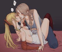 Rule 34 | 2girls, bare arms, black legwear, blonde hair, blush, breasts, brown hair, choker, cleavage, clothes lift, collarbone, detached sleeves, dress, dress lift, grabbing another&#039;s chin, granblue fantasy, grey pants, grey tank top, hair over shoulder, hand on another&#039;s chin, hand on hand, heart, highres, imminent kiss, katalina (granblue fantasy), long hair, long sleeves, medium breasts, miso-ha (ukyuu), motion lines, multiple girls, on bed, open mouth, pants, ponytail, red eyes, red sleeves, sketch, sleeveless, speech bubble, spoken heart, straight hair, strapless, strapless dress, tank top, thighhighs, thighs, very long hair, vira (granblue fantasy), white choker, white dress, yuri