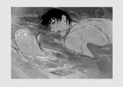 Rule 34 | 1boy, 1girl, afloat, atie1225, bare back, black hair, dog tags, empty eyes, from side, greyscale, highres, looking at another, lying, male focus, monochrome, on stomach, open mouth, original, water