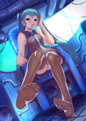 Rule 34 | 1girl, aqua eyes, aqua hair, breasts, closed mouth, feet, foot focus, foreshortening, hair ornament, hatsune miku, highres, long hair, looking at viewer, necktie, panties, skirt, soles, solo, soon (c-u-soon), striped clothes, striped panties, thighhighs, toes, twintails, underwear, very long hair, vocaloid