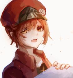 Rule 34 | 1girl, :d, ae-3803, black shirt, box, brown eyes, cabbie hat, cardboard box, chinese commentary, close-up, commentary, eyelashes, haiki sareta haguruma, hair over one eye, hat, hataraku saibou, highres, holding, holding box, jacket, looking at viewer, open clothes, open jacket, open mouth, package, portrait, red blood cell (hataraku saibou), red hair, red hat, red jacket, shirt, short hair, simple background, sketch, smile, solo, sparkle, t-shirt, very short hair, white background