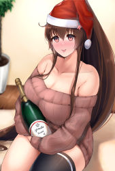 Rule 34 | 1girl, absurdres, ayuko91, black thighhighs, bottle, breasts, brown hair, collarbone, hat, highres, holding, holding bottle, indoors, kantai collection, large breasts, long hair, off shoulder, ponytail, red hat, santa hat, sidelocks, single thighhigh, sitting, solo, sweater, thighhighs, tongue, tongue out, very long hair, yamato (kancolle)