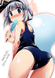 Rule 34 | 1girl, ^^^, ass, blue eyes, food, from behind, gradient background, konpaku youmu, looking back, one-piece swimsuit, popsicle, school swimsuit, silver hair, solo, surprised, swimsuit, touhou, train 90