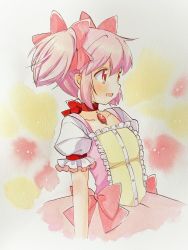 Rule 34 | 1girl, arms at sides, beige background, bow, buttons, center frills, choker, collarbone, cropped torso, facing away, flat chest, frilled sleeves, frills, hair between eyes, hair ribbon, highres, kaname madoka, light blush, light smile, looking afar, mahou shoujo madoka magica, mahou shoujo madoka magica (anime), oumi neneha, outline, painting (medium), parted lips, pink bow, pink eyes, pink hair, pink ribbon, pink skirt, puffy short sleeves, puffy sleeves, red background, red choker, red ribbon, ribbon, ribbon choker, short sleeves, short twintails, simple background, skirt, solo, soul gem, tareme, traditional media, twintails, two-tone background, waist bow, watercolor (medium), white outline, yellow background