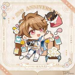 Rule 34 | + +, 1boy, :d, animal, anniversary, bird, blue bow, blue cape, bow, brown background, brown hair, brown shirt, camera, cape, character name, collared shirt, commentary, copyright name, english commentary, envelope, fang, flower, full body, hair between eyes, heart, holding, holding camera, jacket, luke pearce (tears of themis), male focus, official art, open clothes, open jacket, open mouth, pants, pink eyes, rose, shirt, shoes, short sleeves, smile, solo, standing, standing on one leg, tears of themis, white flower, white footwear, white jacket, white pants, white rose, yellow flower, yellow rose