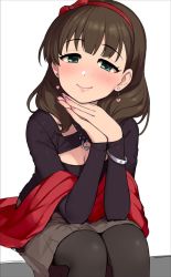 Rule 34 | 1girl, aqua eyes, bad id, bad twitter id, black pantyhose, blush, bow, bracelet, brown hair, cleavage cutout, clothing cutout, cropped legs, earrings, fingernails, hair bow, hairband, head rest, heart, heart earrings, idolmaster, idolmaster cinderella girls, jewelry, leggings, lips, long sleeves, looking at viewer, nail polish, necklace, omaru gyuunyuu, own hands together, pantyhose, pink nails, pleated skirt, sakuma mayu, simple background, sitting, skirt, solo, white background