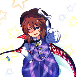 Rule 34 | 1girl, bad id, bad pixiv id, bow, brown eyes, brown hair, cape, clothes writing, glasses, hand on own hip, hat, hat bow, hat ribbon, long sleeves, low twintails, one eye closed, open mouth, plaid, red-framed eyewear, ribbon, school uniform, shikushiku (amamori weekly), shirt, short hair, simple background, skirt, smile, solo, thumbs up, touhou, twintails, usami sumireko