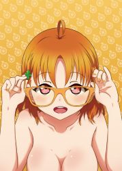 Rule 34 | 10s, 1girl, adjusting eyewear, ahoge, bare shoulders, bespectacled, breasts, collarbone, completely nude, finger on eyewear, glasses, hair ornament, hairpin, love live!, love live! sunshine!!, medium breasts, nude, open mouth, orange background, orange hair, out-of-frame censoring, red eyes, satolive20, short hair, solo, takami chika, upper body