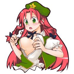 Rule 34 | 1girl, blush, braid, breasts, bursting breasts, china dress, chinese clothes, dress, embodiment of scarlet devil, female focus, green eyes, hat, hiro (h-net), hong meiling, large breasts, long hair, popped button, red hair, simple background, solo, touhou, twin braids, upper body, white background