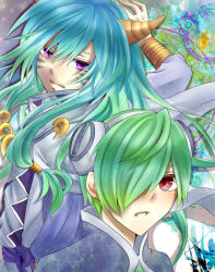 Rule 34 | 2boys, blue hair, capelet, coat, green hair, hair over one eye, hairband, horns, jewelry, lambda, long hair, low-tied long hair, multiple boys, open mouth, purple eyes, red eyes, short hair, solomos, tales of (series), tales of graces, tattoo