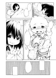 Rule 34 | androgynous, asriel dreemurr, bed, blank speech bubble, blush, blush stickers, chara (undertale), child, closed eyes, comic, furry, furry male, gender request, greyscale, highres, koishi chikasa, monochrome, monster boy, open mouth, pajamas, parted lips, sample watermark, sleeping, smile, speech bubble, sweat, undertale, watermark
