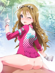 Rule 34 | 10s, 1girl, ass, backboob, blonde hair, blue eyes, blush, bottomless, braid, breasts, eyewear on head, from behind, girl on top, gloves, highres, idolmaster, idolmaster million live!, kaiga, kousaka umi, legs, long hair, looking back, lying, no panties, one eye closed, open mouth, reverse cowgirl position, sex, sex from behind, sideboob, sitting, sitting on person, straddling, sunglasses, sweat, thighs, tree, vaginal, wince