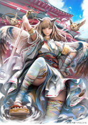 Rule 34 | 1girl, architecture, armband, bird, brown hair, cloud, east asian architecture, from below, long hair, looking at viewer, looking down, mujiha, official art, owl, sandals, sky, solo, sword, tenka touitsu chronicle, thighhighs, weapon, wings