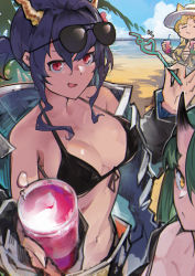 Rule 34 | 3girls, absurdres, animal ears, arknights, bare shoulders, beach, bikini, black bikini, black jacket, blonde hair, blue hair, breasts, ch&#039;en (arknights), ch&#039;en the holungday (arknights), cleavage, closed eyes, closed mouth, commentary request, day, dragon horns, drink, ears through headwear, eyewear on head, green hair, hands up, highres, holding, holding drink, horns, hoshiguma (arknights), incoming drink, jacket, jumbowhopper, korean commentary, long hair, long sleeves, medium breasts, multiple girls, ocean, official alternate costume, open mouth, outdoors, red eyes, single horn, skin-covered horns, smile, stomach, sunglasses, swimsuit, swire (arknights), tiger ears, tree, yellow eyes