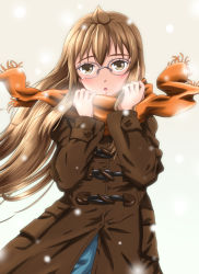 Rule 34 | 1girl, bespectacled, blush, brown eyes, brown hair, chihara minori, cosplay, diesel-turbo, female focus, glasses, gradient background, long hair, minami-ke, minami chiaki, nagato yuki, nagato yuki (cosplay), open mouth, scarf, snowflakes, solo, suzumiya haruhi no shoushitsu, suzumiya haruhi no yuuutsu, voice actor connection, winter clothes