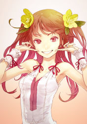 Rule 34 | 1girl, armpits, bare shoulders, breasts, fingersmile, flower, grin, hair flower, hair ornament, highres, long hair, original, pink eyes, pink hair, portrait, redjuice, revision, simple background, sleeveless, small breasts, smile, solo, twintails, upper body, wrist cuffs