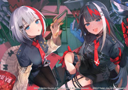 Rule 34 | 2girls, :d, :o, admiral graf spee (azur lane), admiral graf spee (girl&#039;s sunday) (azur lane), armband, azur lane, bag, bag of chips, banned artist, black dress, black hair, black shirt, black skirt, blue eyes, blush, breasts, brown cardigan, bugles, bugles (food), bugles on fingers, cannon, cardigan, chair, collared shirt, commentary request, deutschland (azur lane), dress, fang, food on hand, hair ornament, indoors, long hair, long sleeves, looking at viewer, machinery, multicolored hair, multiple girls, official alternate costume, official art, on chair, open cardigan, open clothes, open mouth, parted lips, red hair, red neckwear, school bag, school uniform, shirt, skirt, small breasts, smile, streaked hair, table, tetsubuta, very long hair, watermark, white hair, x hair ornament